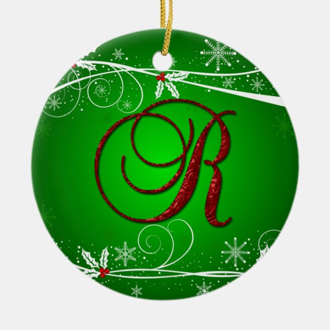 Red Greens Holly Initial R Christmas Ornament (Front)