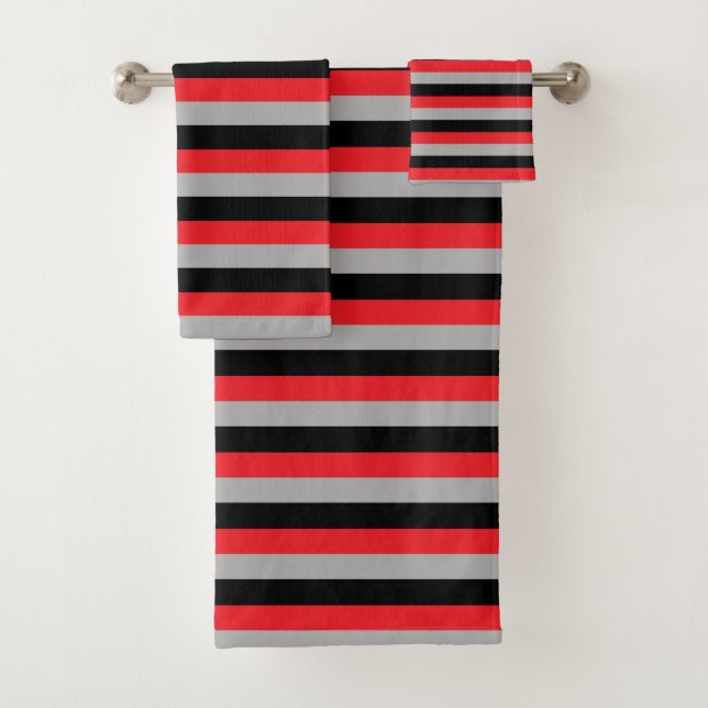 Red, Grey and Black Stripes Bath Towel Set (Insitu)