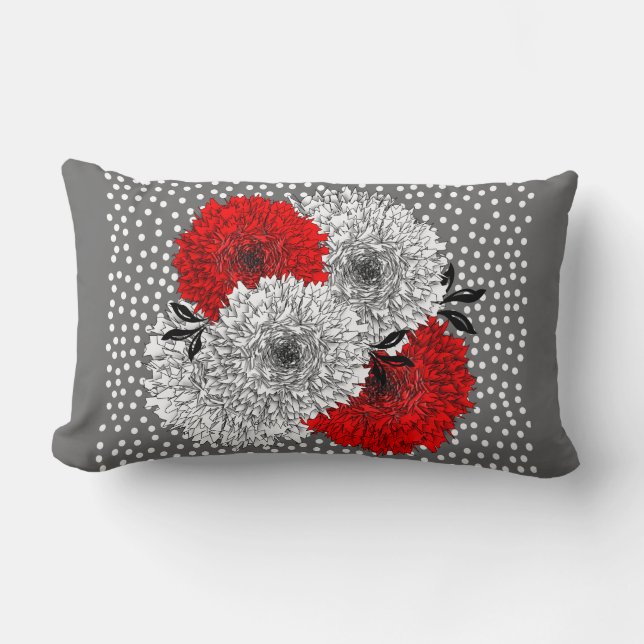 Red Grey And White Floral Polka Dot Mix Design Lumbar Pillow (Front)
