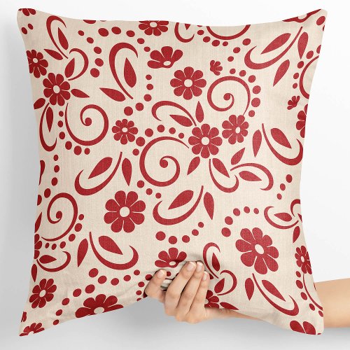 Red grey and white whimsical floral throw pillow