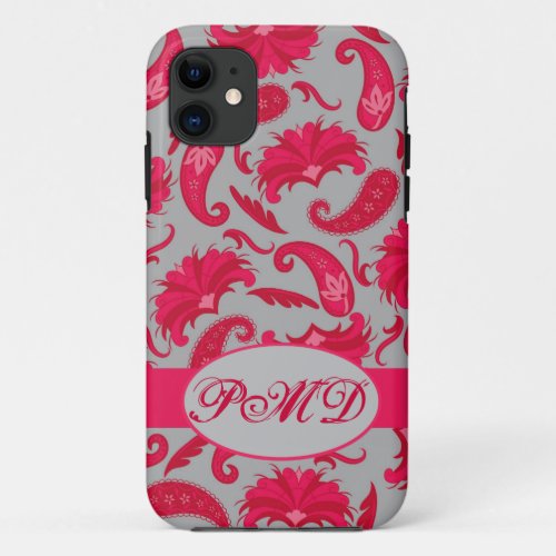 Red Grey Art Deco Parisian Paisley Monogram iPhone 11 Case