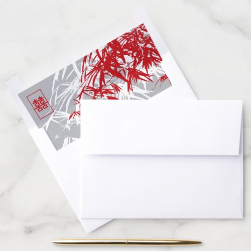 RedGrey Bamboo Leaves Double Happiness Wedding Envelope Liner