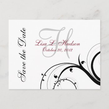 Red  Grey  Black Swirls Save The Date Postcard by monogramgallery at Zazzle