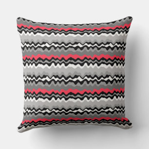 Red grey black white horizontal wavy stripes retro throw pillow