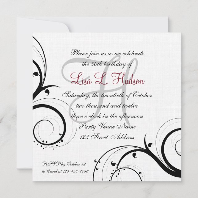 Red Grey Black White Swirls 50th Birthday Invitation (Front)