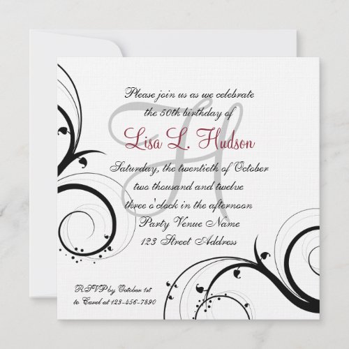 Red Grey Black White Swirls 50th Birthday Personalized Announcements