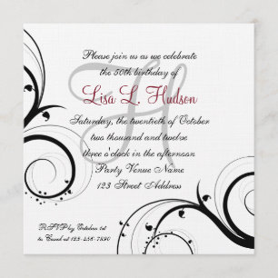 Red Grey Black White Swirls 50th Birthday Invitation