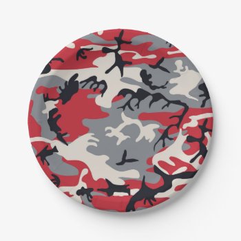 Red Grey Camo Camouflage Pattern Paper Plates by biutiful at Zazzle