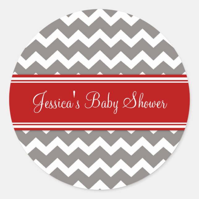 Red Grey Chevron Baby Shower Favor Stickers (Front)
