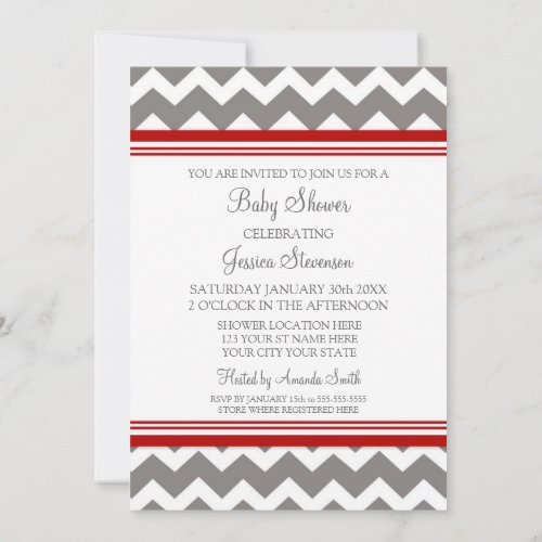 Red Grey Chevron Custom Baby Shower Invitations