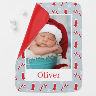 Red Grey Christmas Pattern Custom Photo Baby Blanket