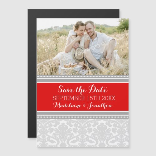 Red Grey Damask Save The Date Magnetic Card