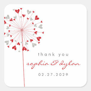 Red & Grey Dandelion Flower Love Hearts Wedding Square Sticker