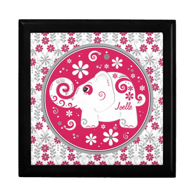 Red Grey Decorated Elephant Floral Keepsake Box (Front)