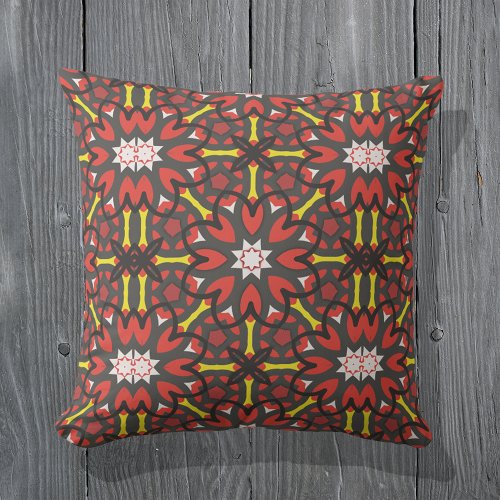 Red Grey Floral Folk Art Ethnic Geometric Pattern Outdoor Pillow