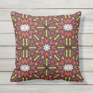 Red Grey Floral Folk Art Ethnic Geometric Pattern Outdoor Pillow