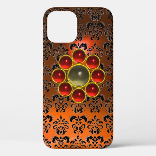 RED GREY GEMSTONE MON Orange Black Damask  iPhone 12 Case