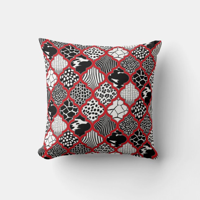 Red Grey Hollywood Regency Moroccan Animal Print Throw Pillow (Front)