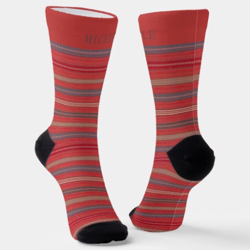 Red Grey Horizontal  Lines Striped Custom Name  Socks