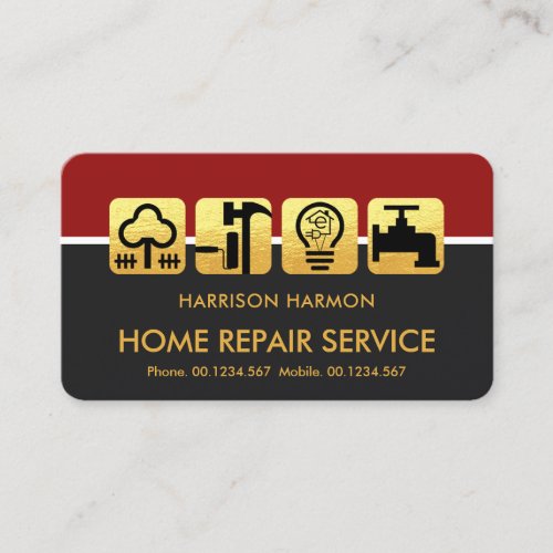 Red Grey Layers Gold Contractor Tools Business Card
