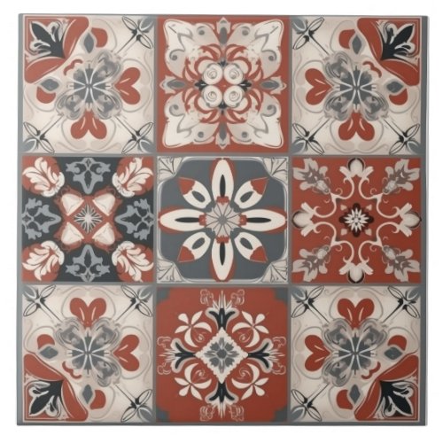Red  Grey Mediterranean Ceramic Tile