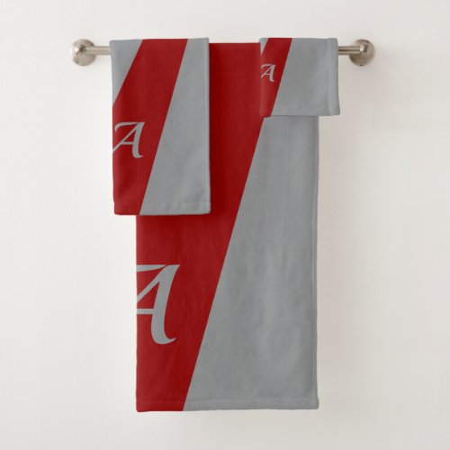 Red grey modern elegant chic bold monogrammed bath towel set
