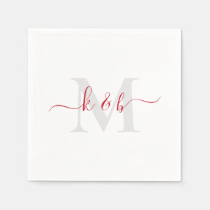 Red & Grey Monogram Swash Script White Cocktail Napkins