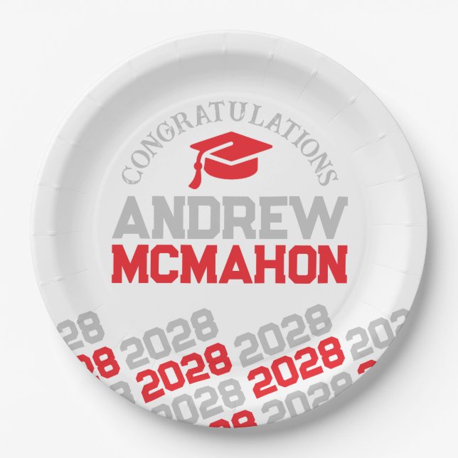 Red & Grey on White Half Repeat Grad Personalized Paper Plates (Front)