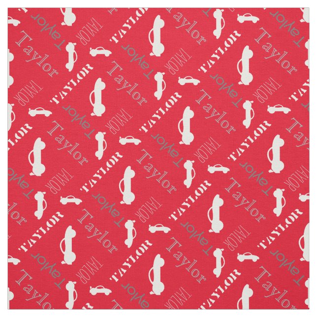 Red grey personalized name boys car text fabric (Swatch)