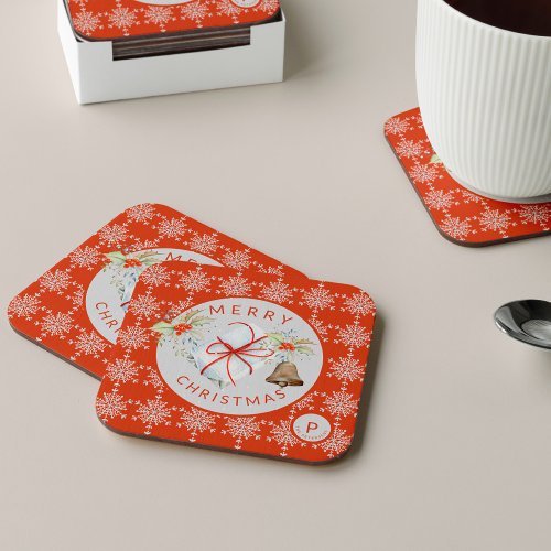 Red Grey Snowflake Christmas Secret Santa Monogram Square Paper Coaster