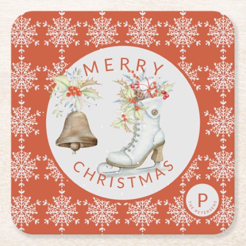 Red Grey Snowflakes Christmas Ice Skate Monogram Square Paper Coaster