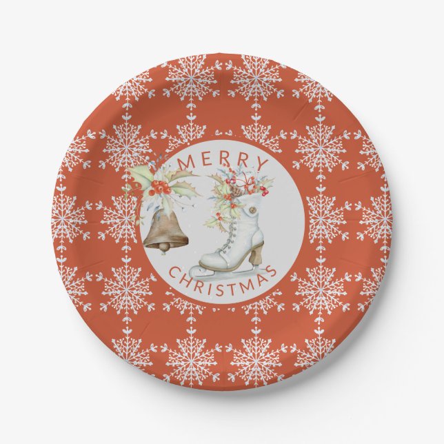 Red Grey Snowflakes Christmas Ice Skate Party Paper Plates (Front)