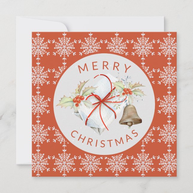 Red Grey Snowflakes Holly and Ivy Merry Christmas Holiday Card (Front)