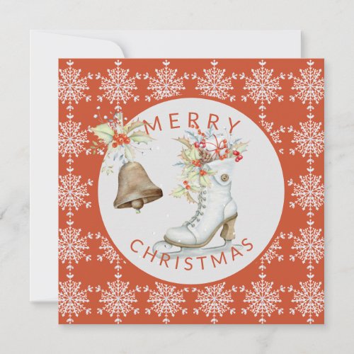 Red Grey Snowflakes Ice Skate Merry Christmas Holiday Card