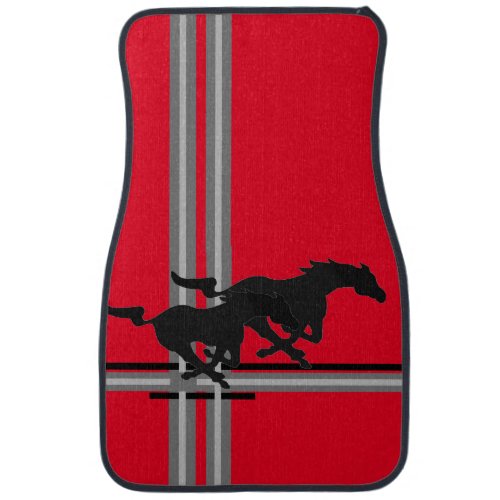 Red Grey Stripes with 2 Black Mustangs on Car Floor Mat