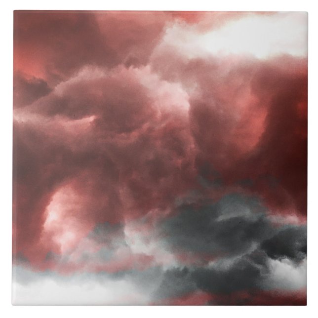 Red grey white black abstract clouds digital art ceramic tile (Front)