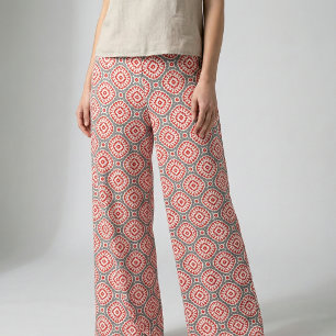 Red Grey White Moroccan Geometric Tile Medallion Fabric