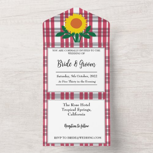 Red Grey White Tartan Wedding All In One Invitation