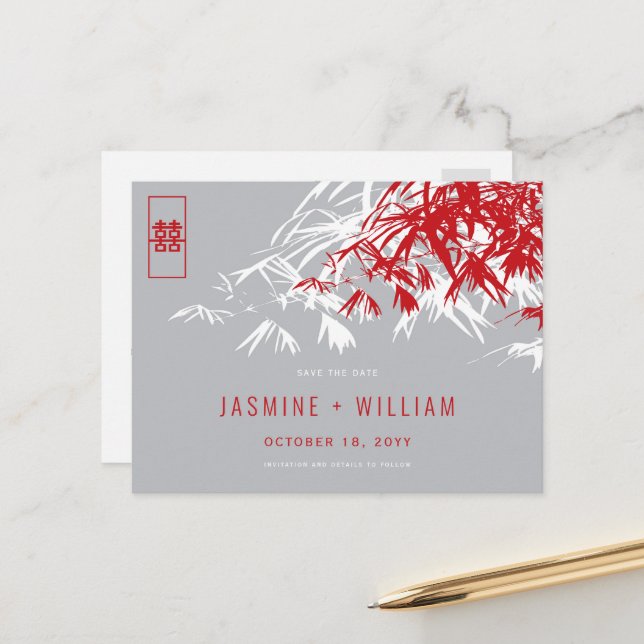 Red Grey Zen Bamboo Chinese Wedding Save The Date Announcement Postcard (Front/Back In Situ)
