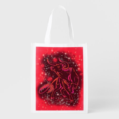 Red Grocery Bag Bull Running At Starry Night