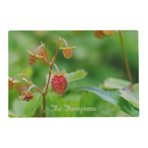 Red Growing Wild Strawberries Close-Up Photo Green Placemat