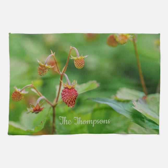 Red Growing Woodland Strawberries Green With Name Kitchen Towel (Horizontal)