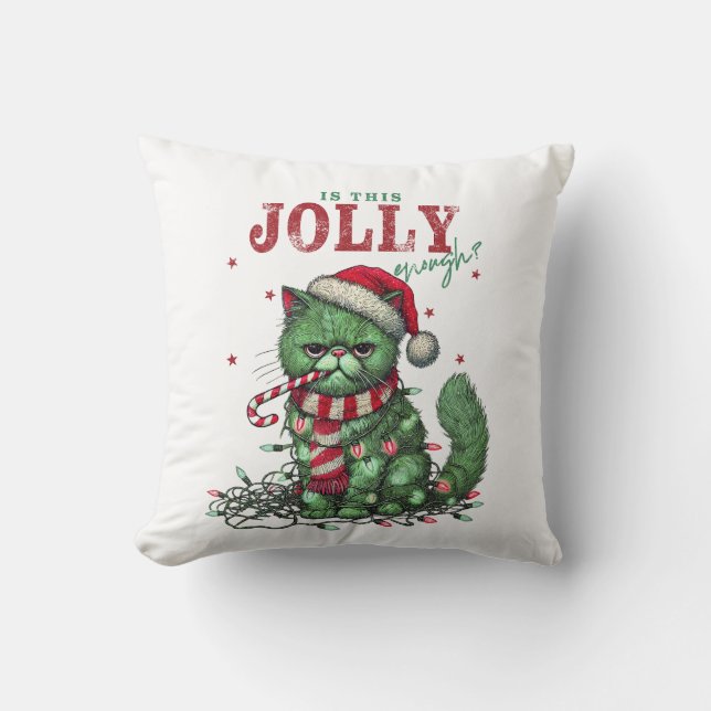 (Red)  Grumpy Holiday Cat Throw Pillow (Front)
