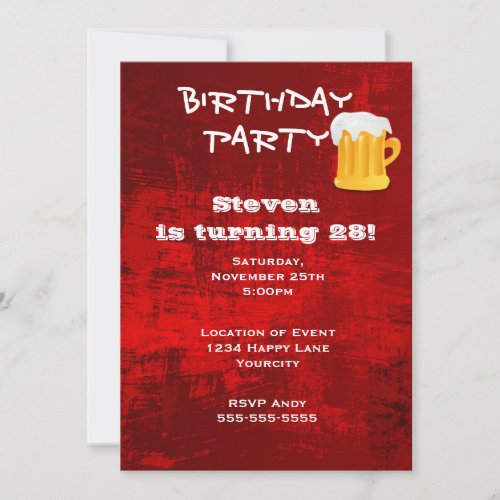 Red Grunge Abstract Birthday Party with Beer Mug Invitation