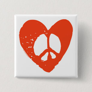 Red Grunge Heart with Peace Sign Button