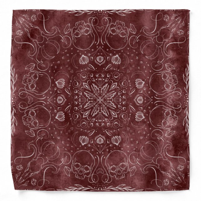 Red Grunge Skulls Floral Spooky Halloween October Bandana (Front)