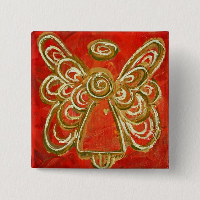 Red Guardian Angel Art Custom Holiday Button Pin (Front)