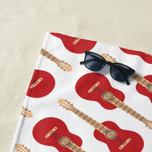 Red Guitar Pattern Beach Towel (In Situ)
