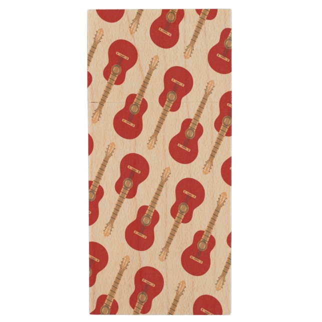 Red Guitar Pattern Wood Flash Drive (Front Vertical)