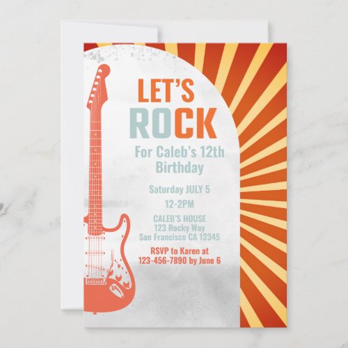 Red Guitar Rock and Roll Rockstar Birthday Invitation